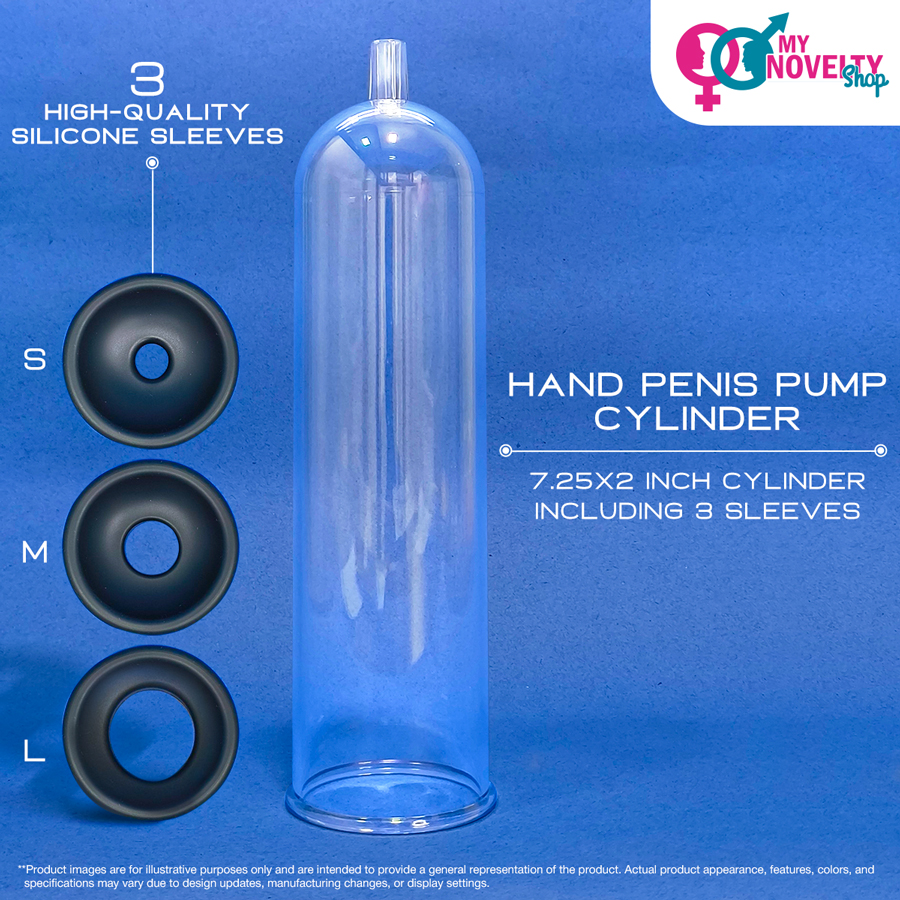 7.25x2 Inch Penis Pump Cylinder 7.25x2 inch penis pump cylinder with 3 silicone sleeves labeled S, M, L.
